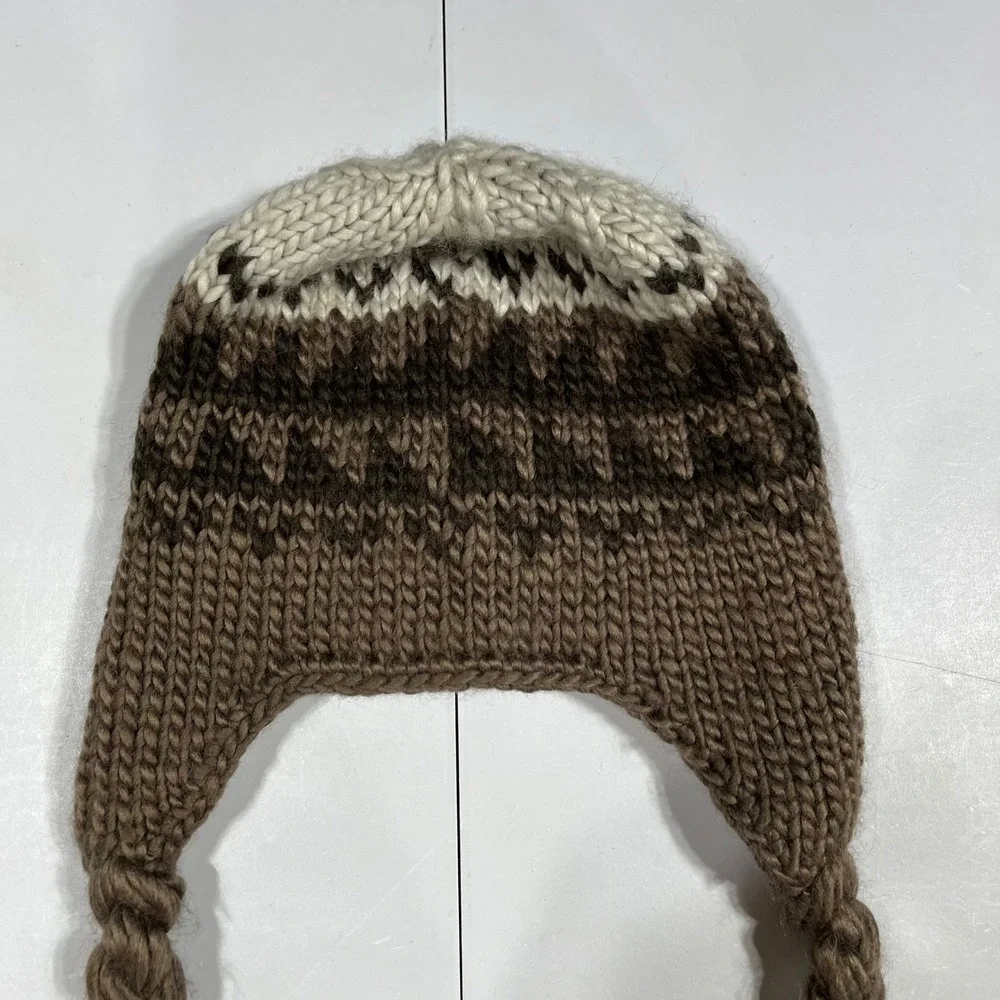North Face Gorpcore Brown Wool Fair Isle Knit Trapper Beanie Hat Fleece Unisex